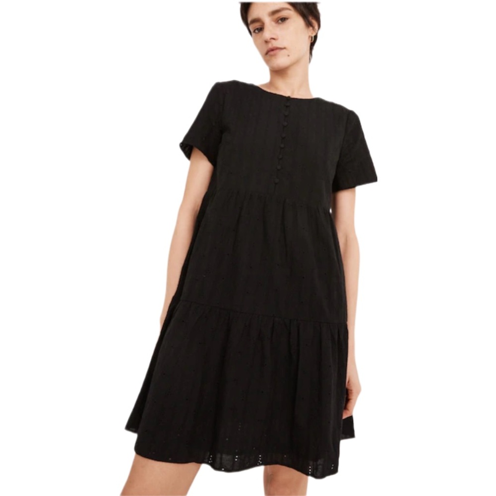 Madewell Black Embroidered Eyelet Button-Front Tiered Mini Dress Size XS Petite